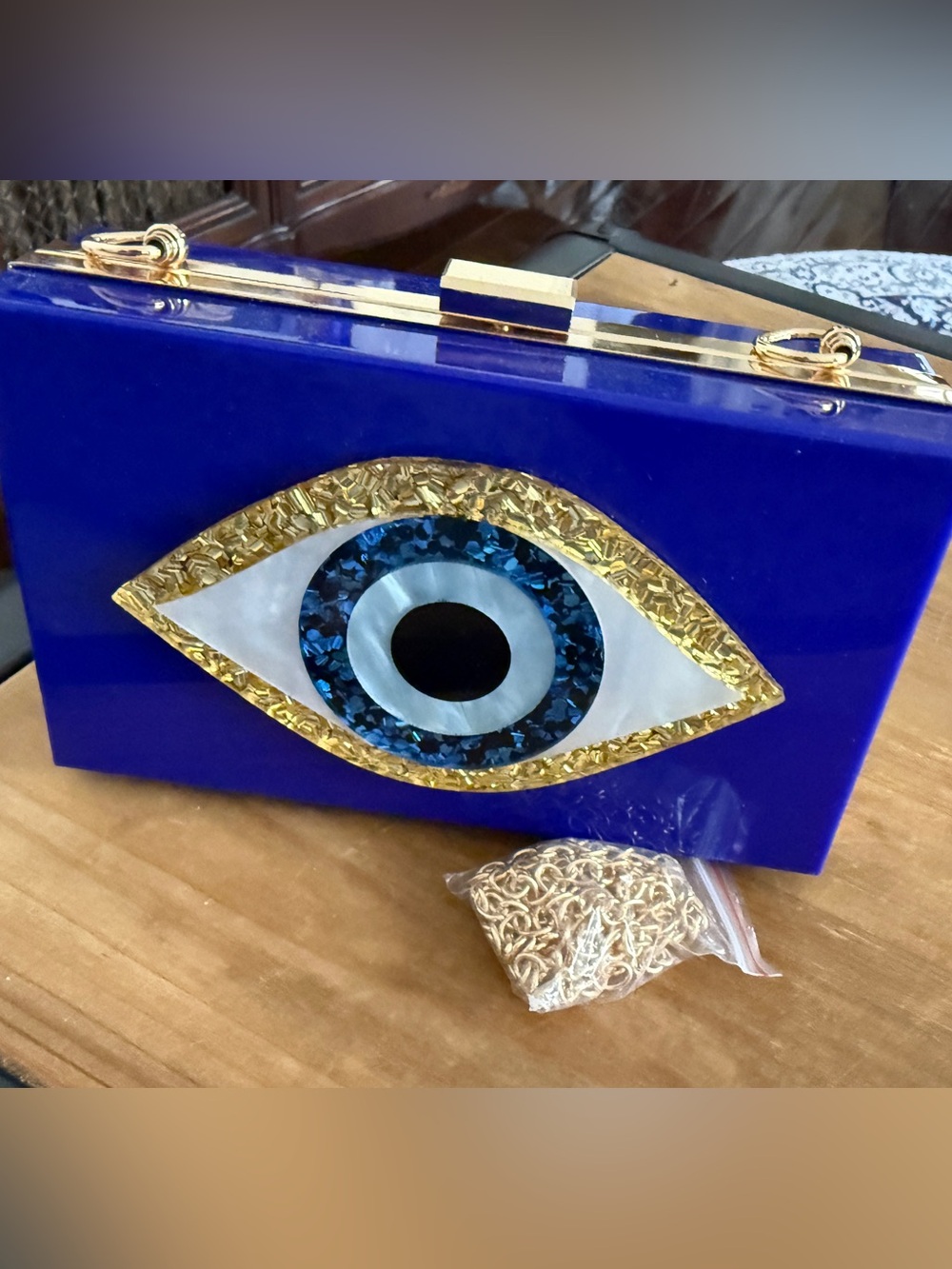 Blue Evil Eye Clutch with Gold Accents